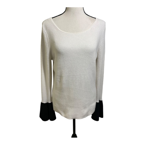 Ramy Brook womens  francette ribbed bell sleeves sweater. White black. Large - Picture 12 of 12